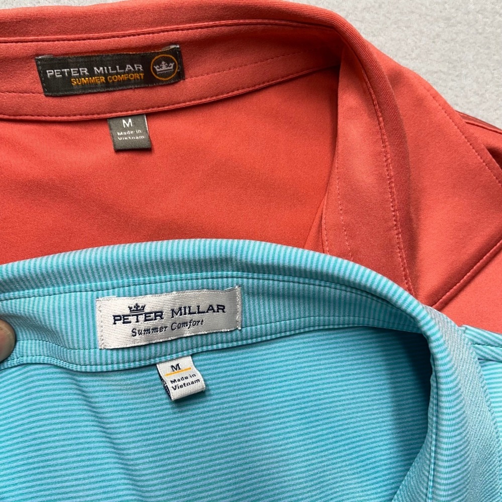 Lot of 2 Peter Millar Summer Comfort Mens Polo Shirts Medium Orange Blue Striped